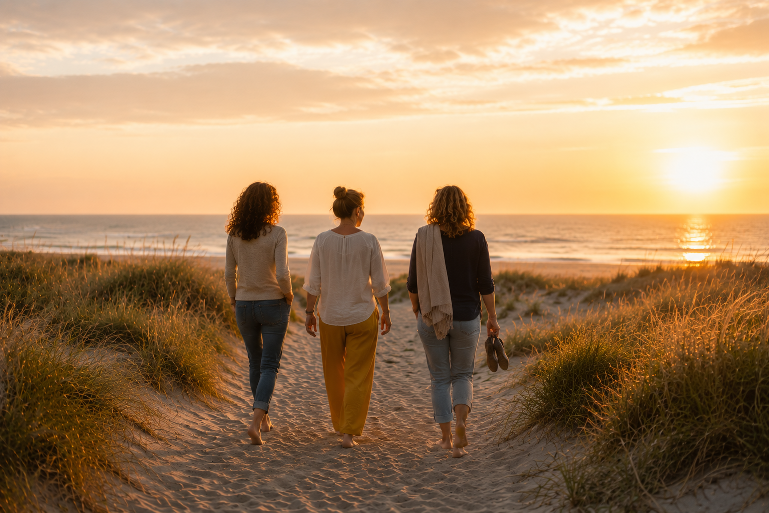 Drei Frauen am Strand im Sonnenuntergang – goldspur.leben
